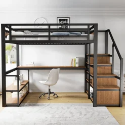 Lit mezzanine double 140x200 cm en métal avec bureau et étagères intégrés - gain de place pour chambre ado - noir