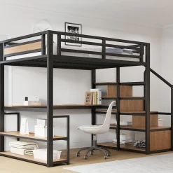 Lit mezzanine double 140x200 cm en métal avec bureau et étagères intégrés - gain de place pour chambre ado - noir