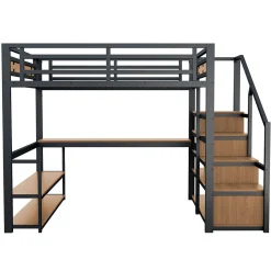 Lit mezzanine double 140x200 cm en métal avec bureau et étagères intégrés - gain de place pour chambre ado - noir