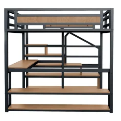Lit mezzanine double 140x200 cm en métal avec bureau et étagères intégrés - gain de place pour chambre ado - noir