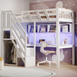 Lit mezzanine en bois massif 90x200cm LED - avec échelle de rangement - bureau et port USB - blanc (matelas non inclus)