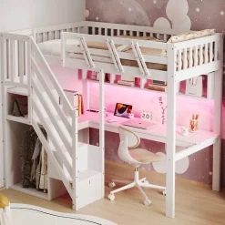 Lit mezzanine en bois massif 90x200cm LED - avec échelle de rangement - bureau et port USB - blanc (matelas non inclus)