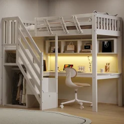 Lit mezzanine en bois massif 90x200cm LED - avec échelle de rangement - bureau et port USB - blanc (matelas non inclus)