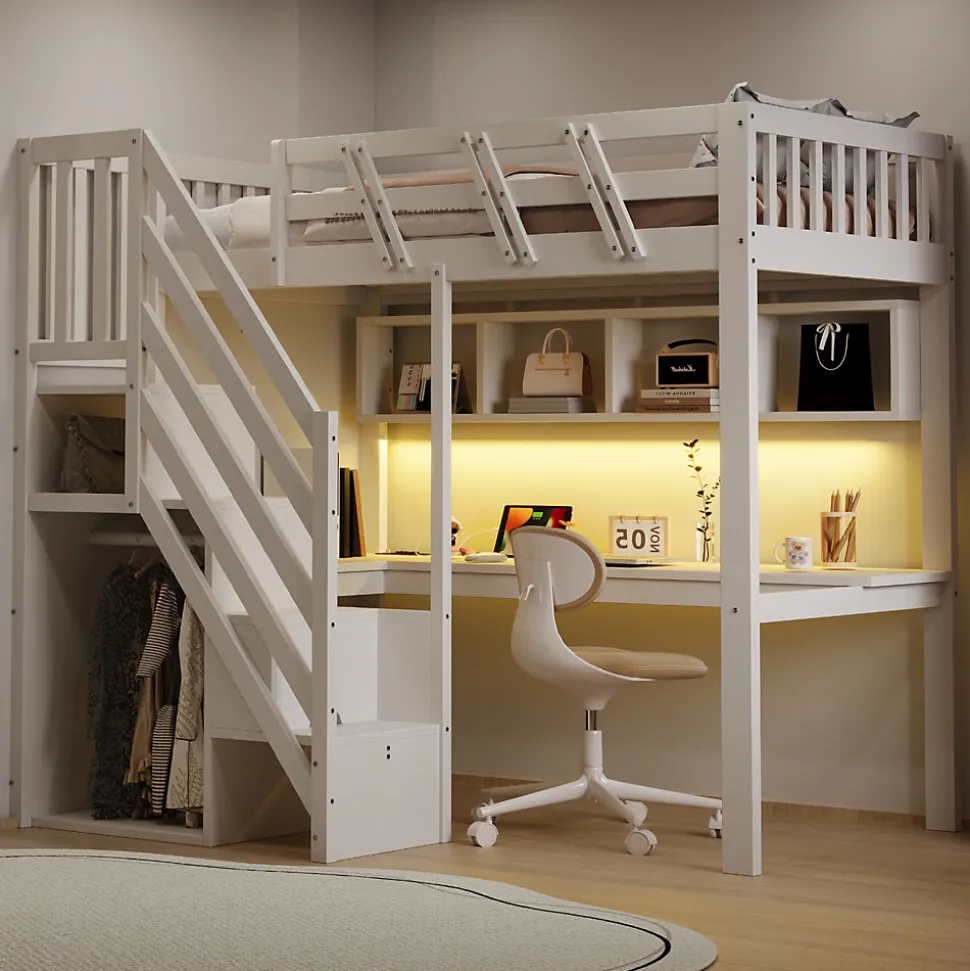 Lit mezzanine en bois massif 90x200cm LED - avec échelle de rangement - bureau et port USB - blanc (matelas non inclus)