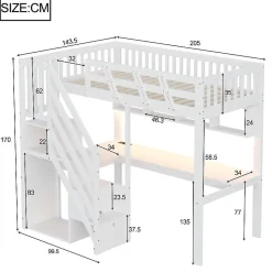 Lit mezzanine en bois massif 90x200cm LED - avec échelle de rangement - bureau et port USB - blanc (matelas non inclus)