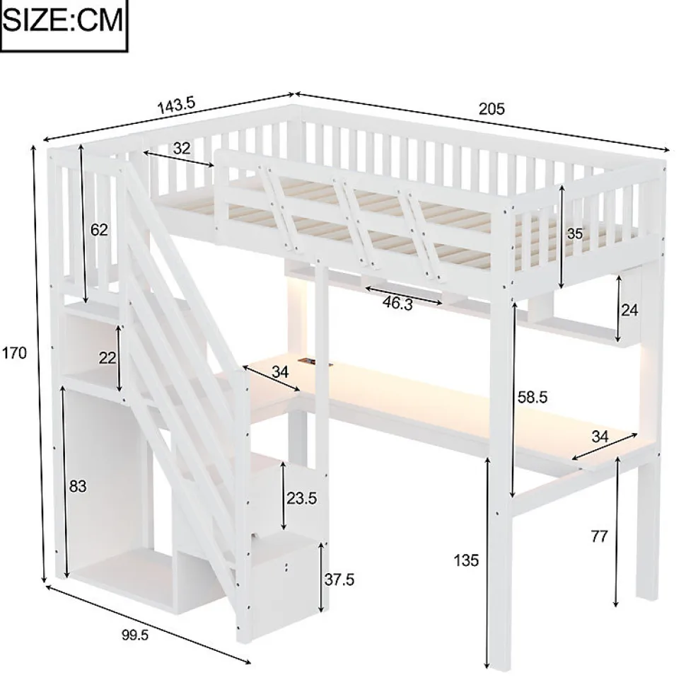Lit mezzanine en bois massif 90x200cm LED - avec échelle de rangement - bureau et port USB - blanc (matelas non inclus)