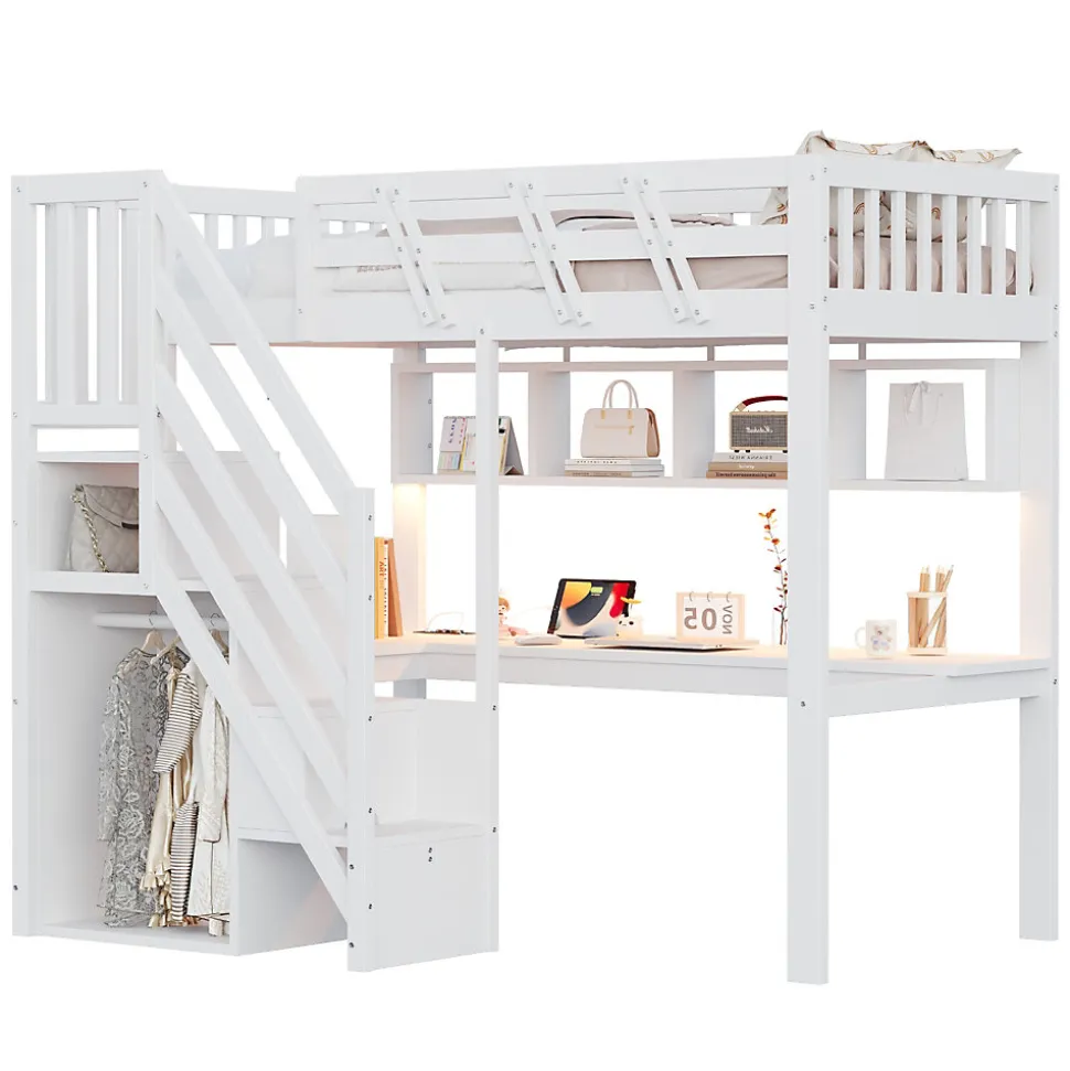Lit mezzanine en bois massif 90x200cm LED - avec échelle de rangement - bureau et port USB - blanc (matelas non inclus)