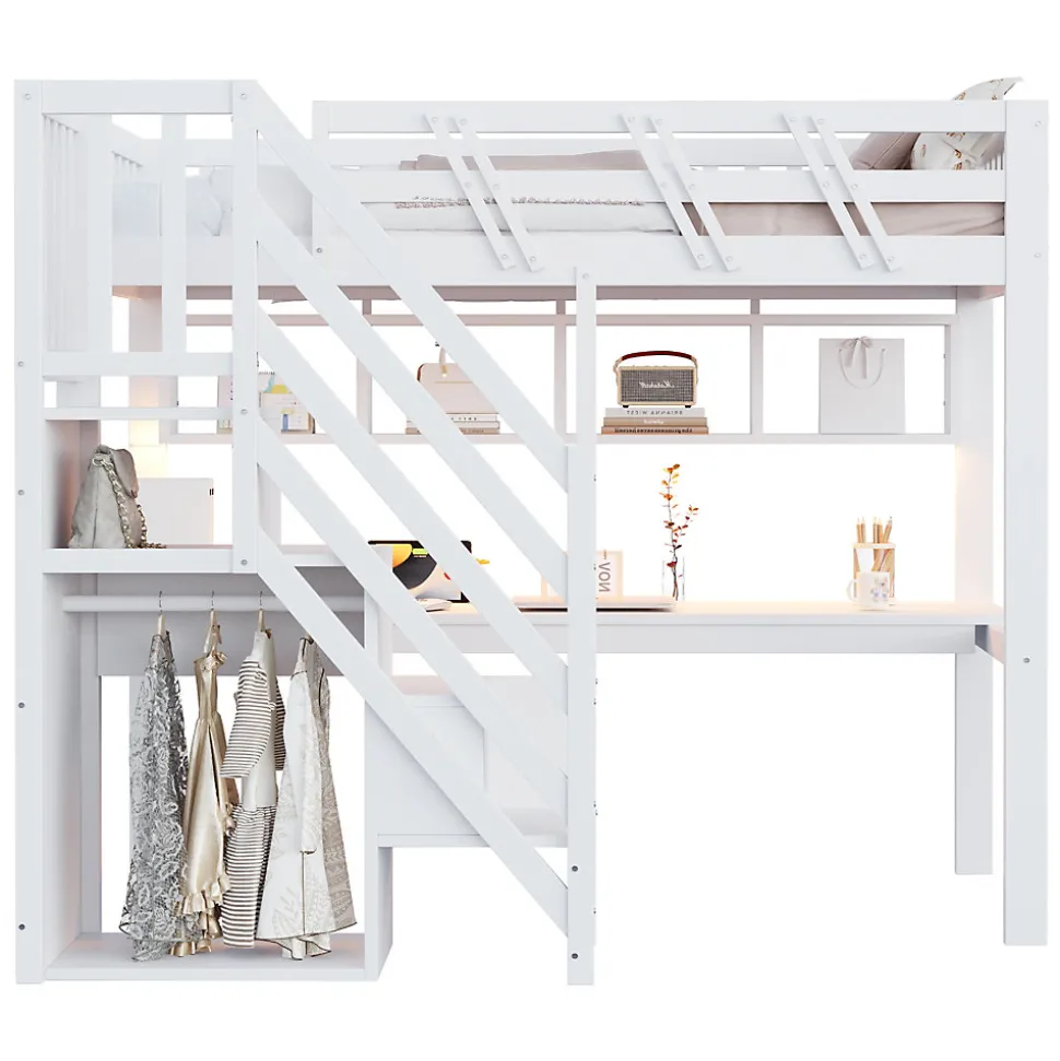 Lit mezzanine en bois massif 90x200cm LED - avec échelle de rangement - bureau et port USB - blanc (matelas non inclus)