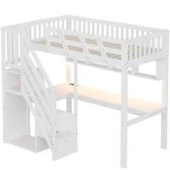 Lit mezzanine en bois massif 90x200cm LED - avec échelle de rangement - bureau et port USB - blanc (matelas non inclus)