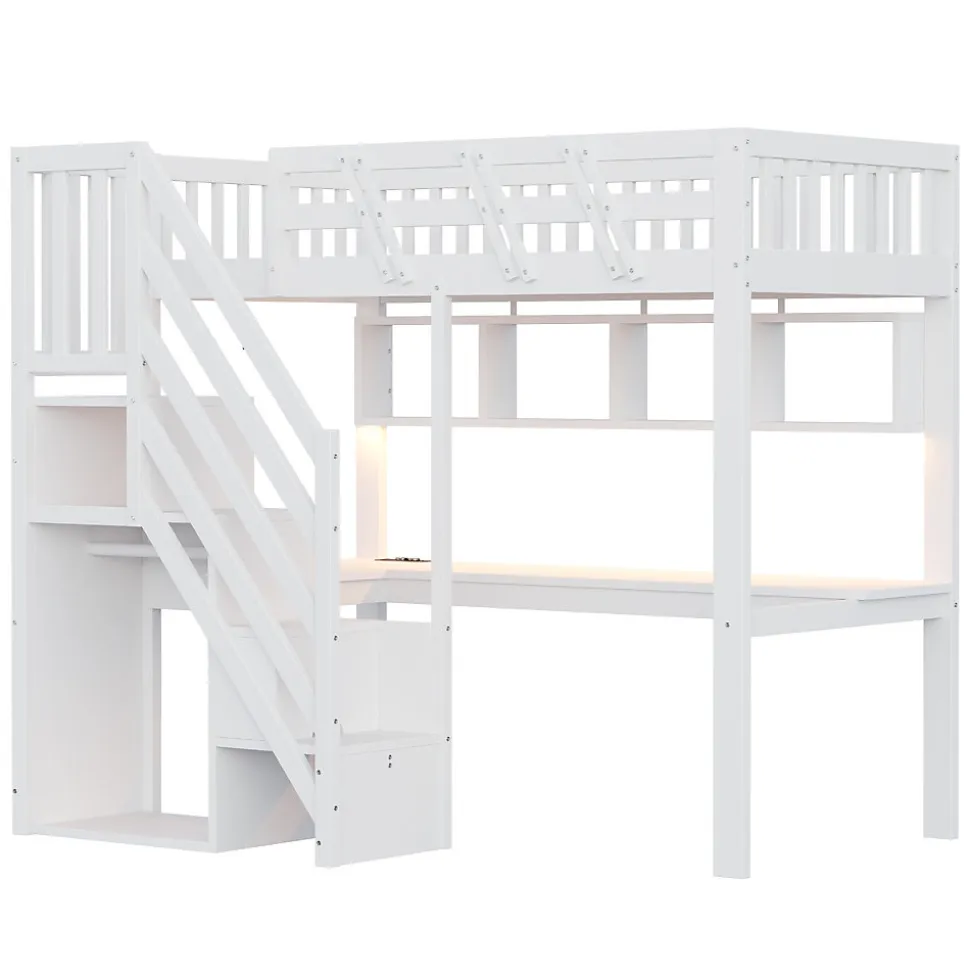 Lit mezzanine en bois massif 90x200cm LED - avec échelle de rangement - bureau et port USB - blanc (matelas non inclus)