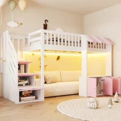 Lit mezzanine en bois 90x200cm - avec armoire - escalier de rangement - éclairage LED - rose (matelas non inclus)