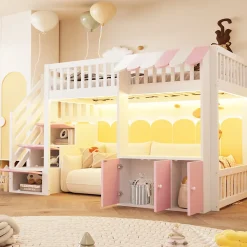 Lit mezzanine en bois 90x200cm - avec armoire - escalier de rangement - éclairage LED - rose (matelas non inclus)
