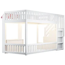 Lit mezzanine en bois 90x200cm - avec armoire - escalier de rangement - éclairage LED - rose (matelas non inclus)