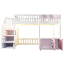 Lit mezzanine en bois 90x200cm - avec armoire - escalier de rangement - éclairage LED - rose (matelas non inclus)