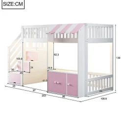 Lit mezzanine en bois 90x200cm - avec armoire - escalier de rangement - éclairage LED - rose (matelas non inclus)