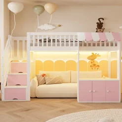 Lit mezzanine en bois 90x200cm - avec armoire - escalier de rangement - éclairage LED - rose (matelas non inclus)