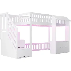 Lit mezzanine en bois 90x200cm - avec armoire - escalier de rangement - éclairage LED - blanc (matelas non inclus)