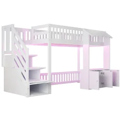 Lit mezzanine en bois 90x200cm - avec armoire - escalier de rangement - éclairage LED - blanc (matelas non inclus)