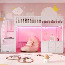 Lit mezzanine en bois 90x200cm - avec armoire - escalier de rangement - éclairage LED - blanc (matelas non inclus)