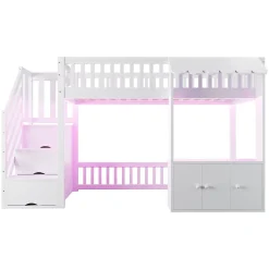 Lit mezzanine en bois 90x200cm - avec armoire - escalier de rangement - éclairage LED - blanc (matelas non inclus)