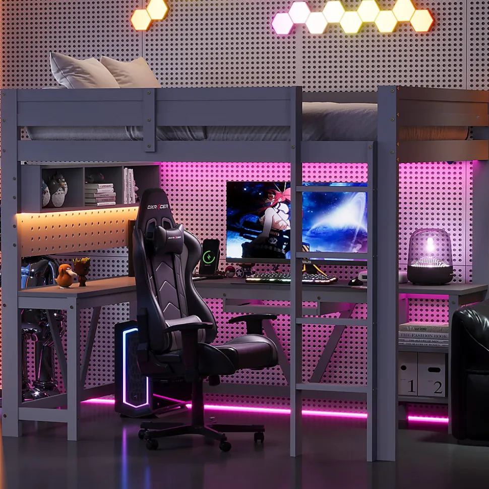 Lit mezzanine en bois 90x200cm - Avec bureau et compartiments de rangement - LED et port de chargement - Gris (sans matelas)