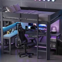 Lit mezzanine en bois 90x200cm - Avec bureau et compartiments de rangement - LED et port de chargement - Gris (sans matelas)