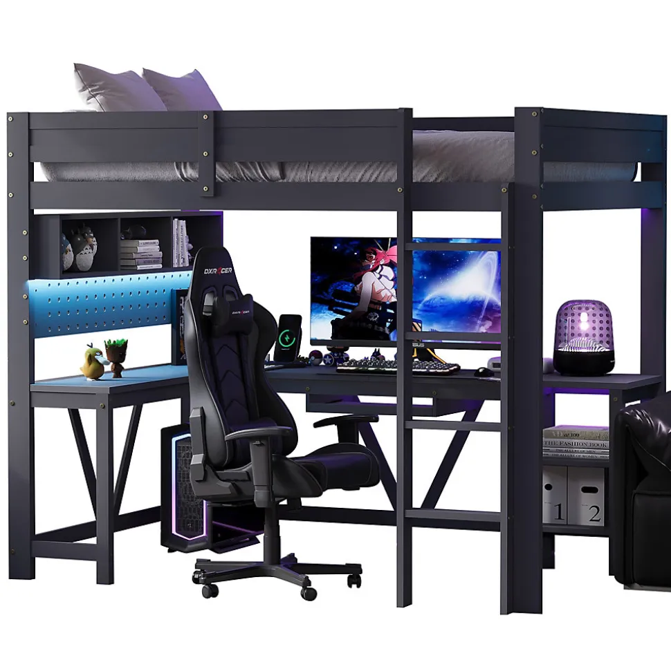 Lit mezzanine en bois 90x200cm - Avec bureau et compartiments de rangement - LED et port de chargement - Gris (sans matelas)