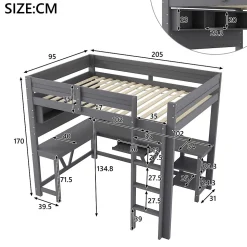 Lit mezzanine en bois 90x200cm - Avec bureau et compartiments de rangement - LED et port de chargement - Gris (sans matelas)
