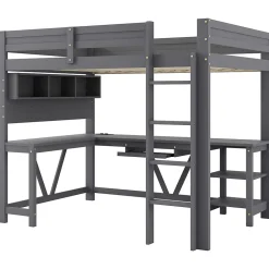Lit mezzanine en bois 90x200cm - Avec bureau et compartiments de rangement - LED et port de chargement - Gris (sans matelas)