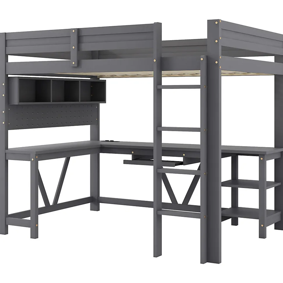 Lit mezzanine en bois 90x200cm - Avec bureau et compartiments de rangement - LED et port de chargement - Gris (sans matelas)