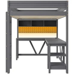 Lit mezzanine en bois 90x200cm - Avec bureau et compartiments de rangement - LED et port de chargement - Gris (sans matelas)