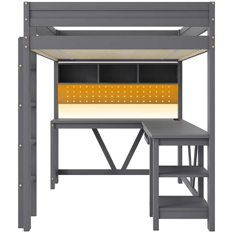 Lit mezzanine en bois 90x200cm - Avec bureau et compartiments de rangement - LED et port de chargement - Gris (sans matelas)
