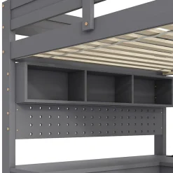 Lit mezzanine en bois 90x200cm - Avec bureau et compartiments de rangement - LED et port de chargement - Gris (sans matelas)