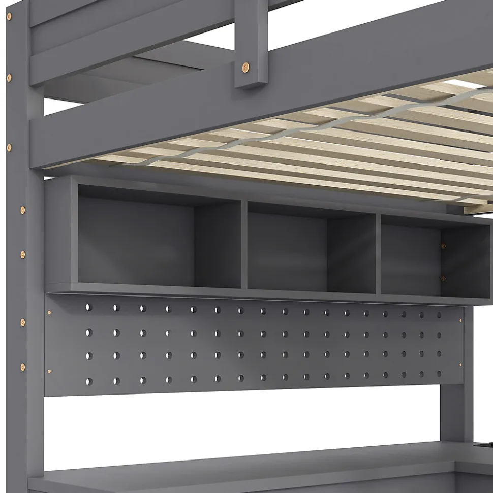 Lit mezzanine en bois 90x200cm - Avec bureau et compartiments de rangement - LED et port de chargement - Gris (sans matelas)