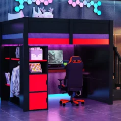 Lit mezzanine en bois 140x200cm avec LED et port USB - Bureau et armoire - Échelle de rangement - Noir+Rouge (sans matelas)