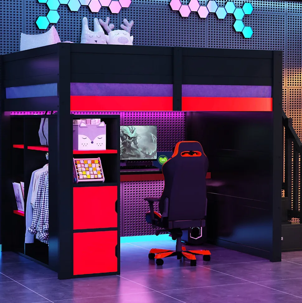 Lit mezzanine en bois 140x200cm avec LED et port USB - Bureau et armoire - Échelle de rangement - Noir+Rouge (sans matelas)