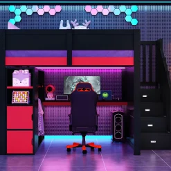 Lit mezzanine en bois 140x200cm avec LED et port USB - Bureau et armoire - Échelle de rangement - Noir+Rouge (sans matelas)