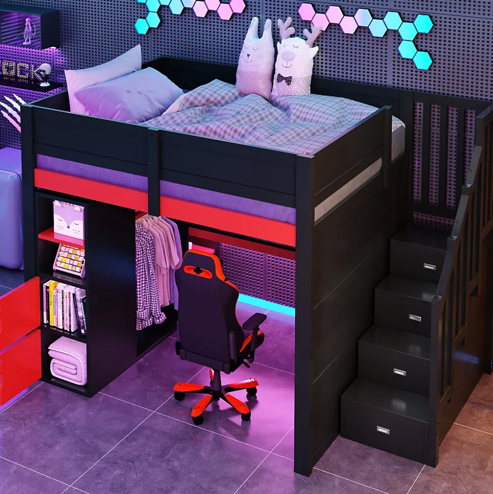 Lit mezzanine en bois 140x200cm avec LED et port USB - Bureau et armoire - Échelle de rangement - Noir+Rouge (sans matelas)