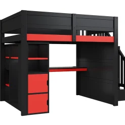 Lit mezzanine en bois 140x200cm avec LED et port USB - Bureau et armoire - Échelle de rangement - Noir+Rouge (sans matelas)