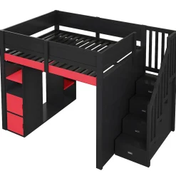 Lit mezzanine en bois 140x200cm avec LED et port USB - Bureau et armoire - Échelle de rangement - Noir+Rouge (sans matelas)