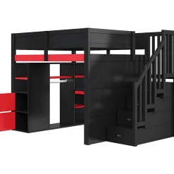 Lit mezzanine en bois 140x200cm avec LED et port USB - Bureau et armoire - Échelle de rangement - Noir+Rouge (sans matelas)