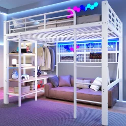 Lit mezzanine en fer 140 x 200 cm avec bande lumineuse LED, compartiment de rangement, tringle à vêtements, sans matelas, blanc