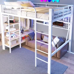 Lit mezzanine en fer 140 x 200 cm avec bande lumineuse LED, compartiment de rangement, tringle à vêtements, sans matelas, blanc