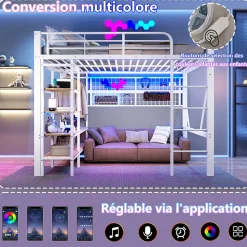 Lit mezzanine en fer 140 x 200 cm avec bande lumineuse LED, compartiment de rangement, tringle à vêtements, sans matelas, blanc