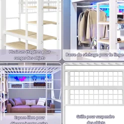 Lit mezzanine en fer 140 x 200 cm avec bande lumineuse LED, compartiment de rangement, tringle à vêtements, sans matelas, blanc