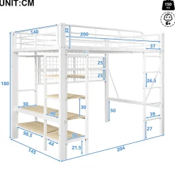 Lit mezzanine en fer 140 x 200 cm avec bande lumineuse LED, compartiment de rangement, tringle à vêtements, sans matelas, blanc