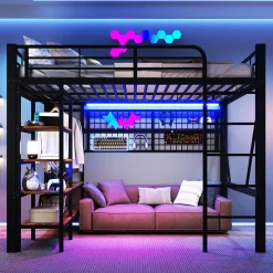 Lit mezzanine en fer 140 x 200 cm avec bande lumineuse LED, compartiment de rangement, tringle à vêtements, sans matelas, noir