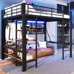 Lit mezzanine en fer 140 x 200 cm avec bande lumineuse LED, compartiment de rangement, tringle à vêtements, sans matelas, noir