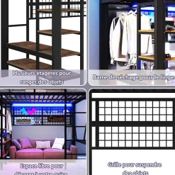 Lit mezzanine en fer 140 x 200 cm avec bande lumineuse LED, compartiment de rangement, tringle à vêtements, sans matelas, noir
