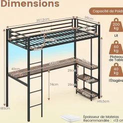 Lit Mezzanine en Métal avec Échelle 200X90CM avec Station de Charge Lumières Ambiance et Bureau Angle L 3 Étagères Noir